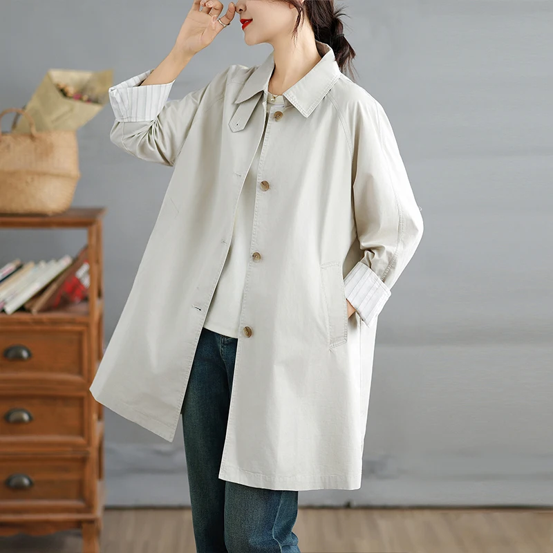 เสื้อแจ็คเก็ตผู้หญิงทรงยาวปานกลาง ปกพับติดกระดุมเม็ดเดียว สไตล์เรียบง่าย ดูดี มีสไตล์ เหมาะกับการเดินทาง ใช้ได้หลากหลาย สำหรับฤดูใบไม้ผลิและฤดูใบไม้ร่วง