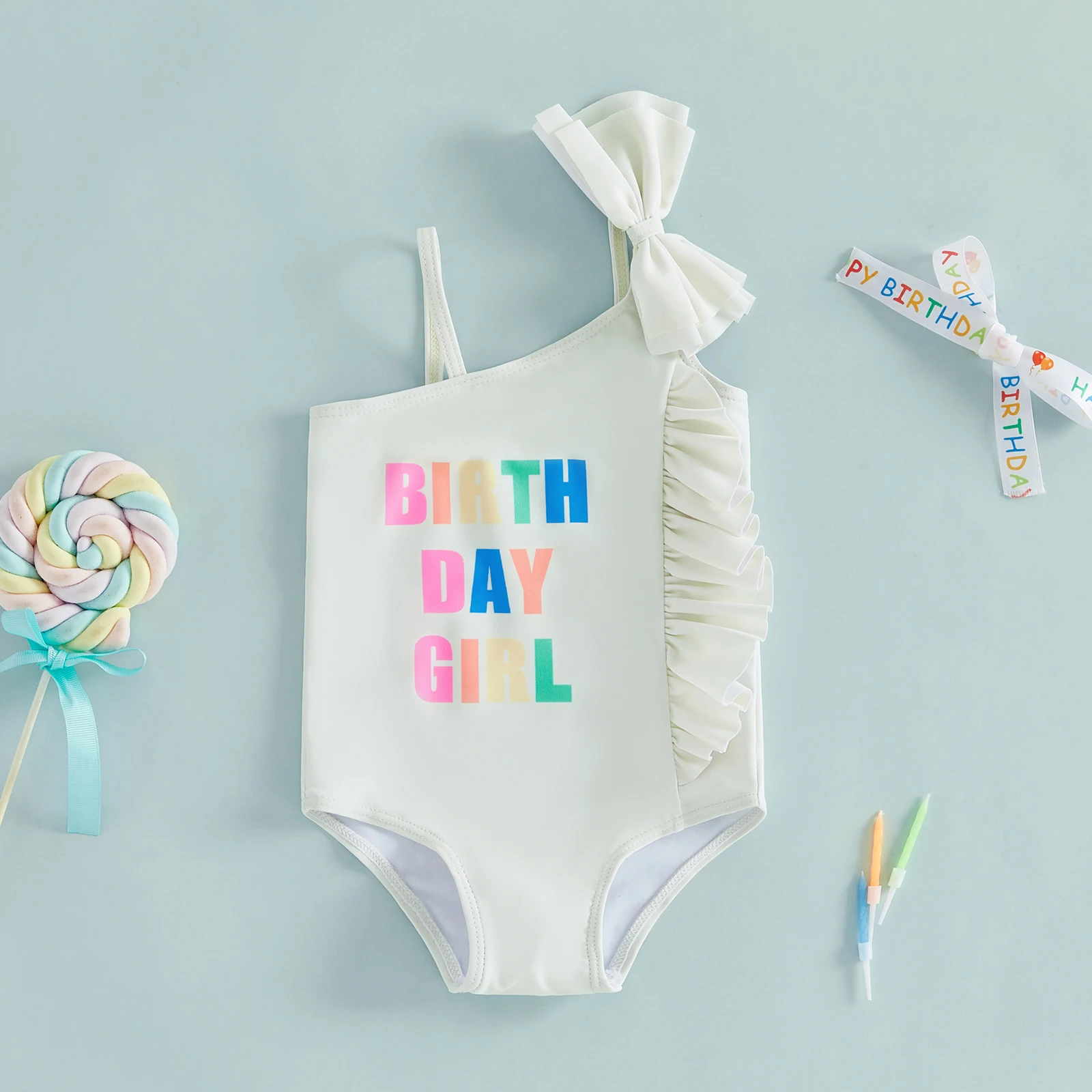 Kids Girl Swimsuits Letter Print Asymmetrical Bow Ruffles Sleeveless Swimwear for Toddler Bathing Suits Beachwear view 3