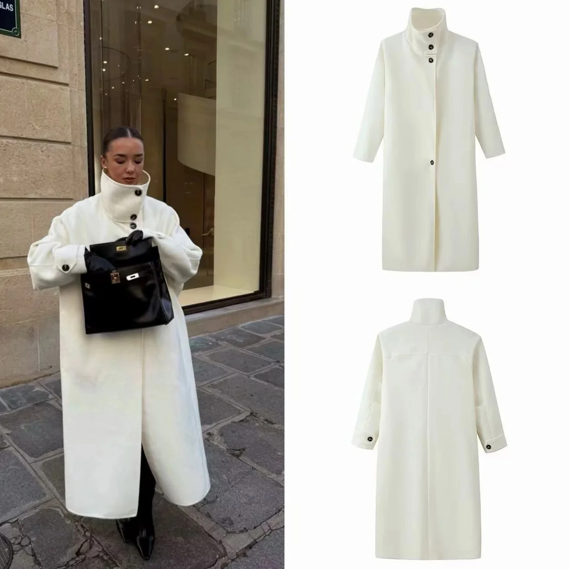 

Women's New Elegant Stand Collar White Long Coat Women Loose Single Breaster Full Sleeve Outwear Lady Commute Streetwear