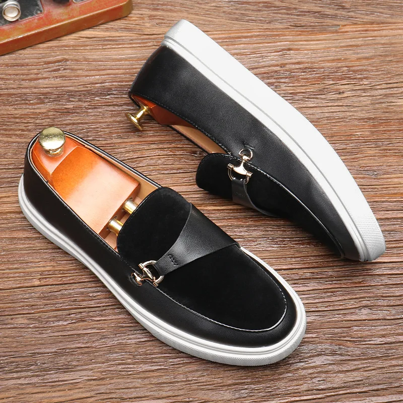 Men\'s Suede Casual Shoes Embossed Leather Men Fashion Buckle Loafers Mens Slip-on Board Shoes Outdoor Flats Big Size 38-46