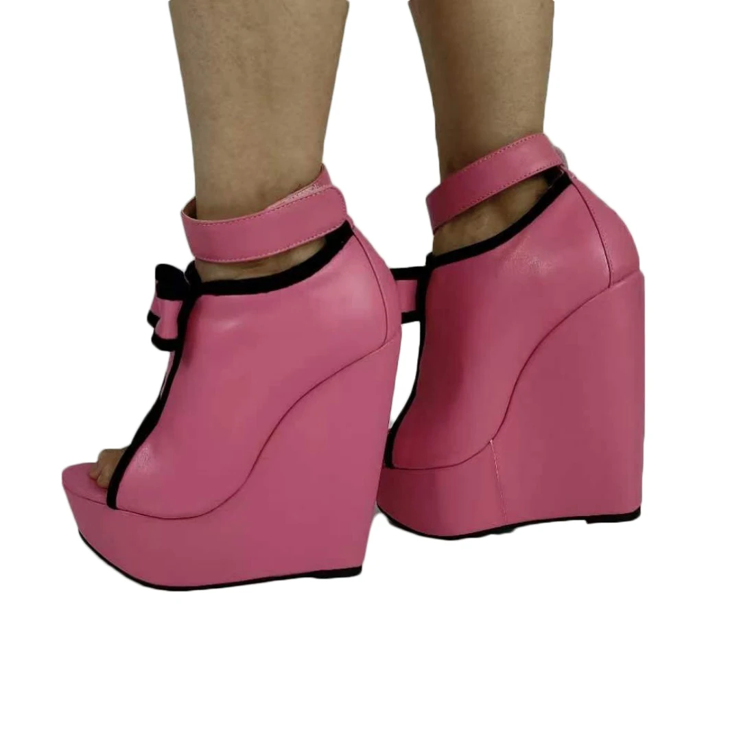 DIZHUANG Fashionable women's high heels. Pink leather single shoes. About 15cm heel height. Peep toe shoes Wedges platform shoes