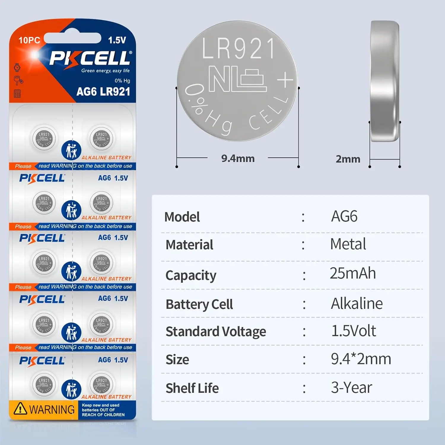 100Pcs PKCELL SR920SW Watch Battery AG6 370 371 Button Coin Cell Long Lasting 1.5V Alkaline Batteries