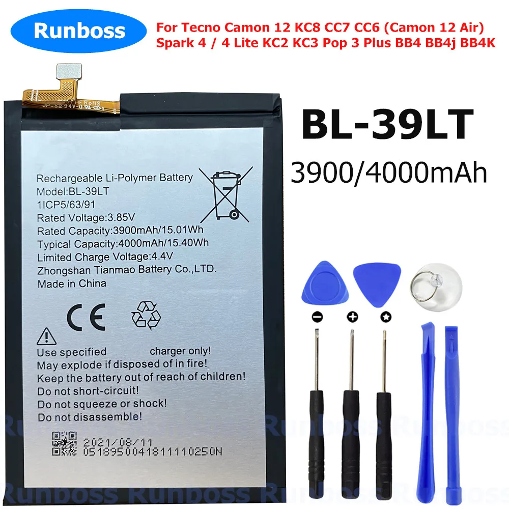 Оригинальная емкость аккумулятора 4000 мАч для Tecno Camon 12 KC8 CC7 CC6 (Camon 12 Air) Spark 4 / 4 Lite KC2 KC3 Pop 3 Plus BB4 BB4j BB4K
