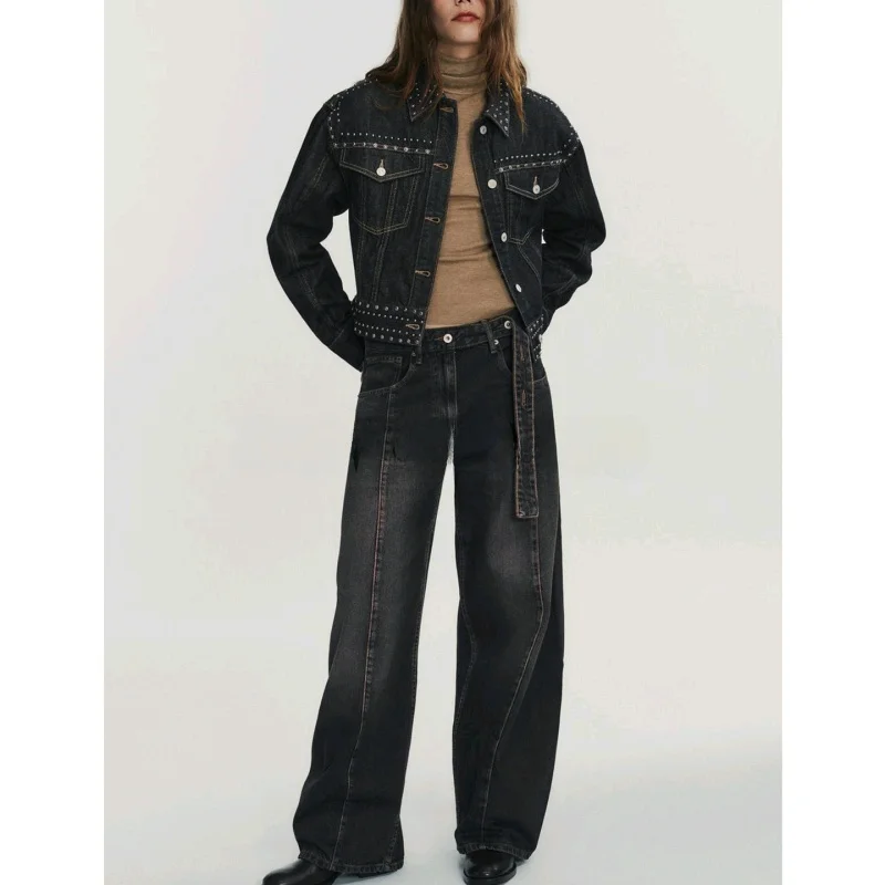 Faionable Lage Taille Loose Fit Denim Jeans Damesriem Versierd Herfst Nieuwe Sle Mid Century Sle Polyestervezel Rits...