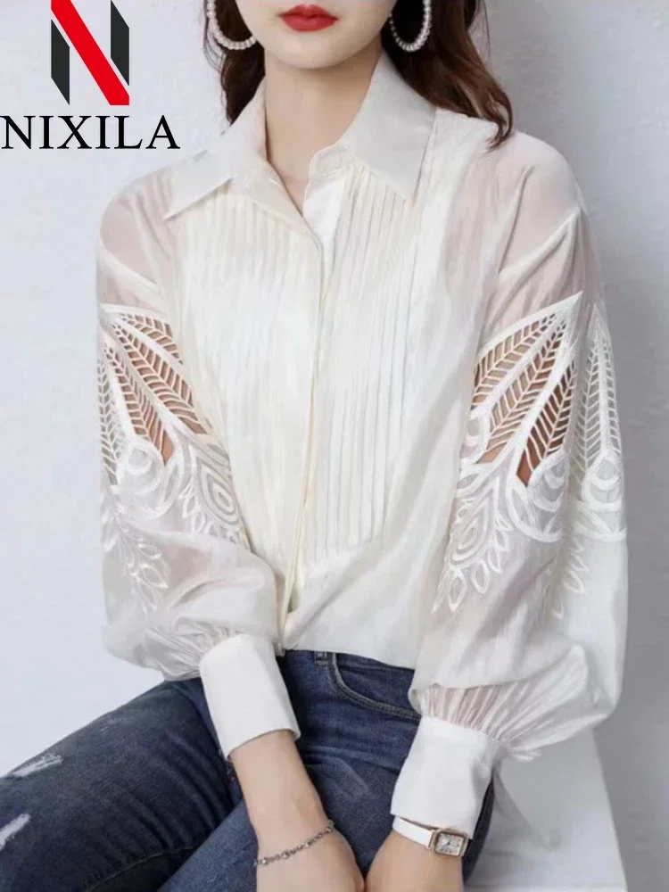 Spring Autumn Turn-down Collar Women\'s Shirts & Blouses Flower Hollow Out Pleaded Long Sleeve Top Elegant Office Female Clothing