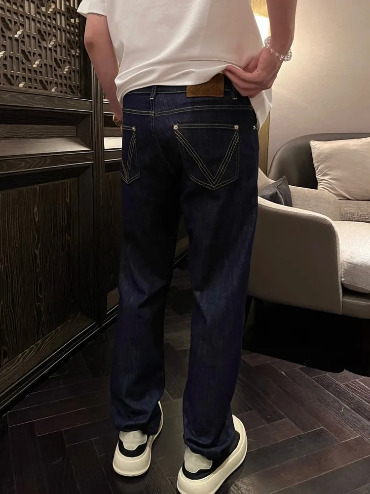

Retro American Washed Blue Slim Fit Men's Straight Leg Jeans Fashionable Autumn Long Trousers Comfortable Stretch Denim