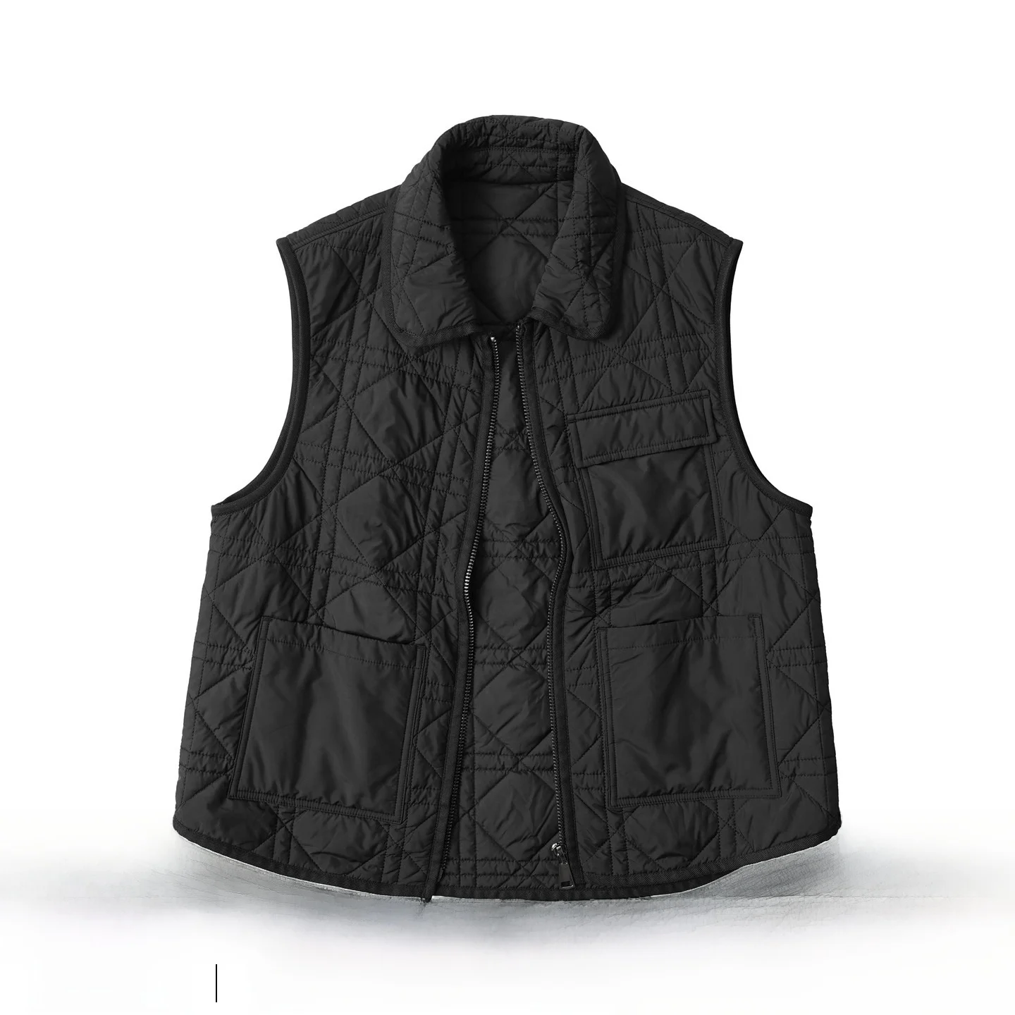 Women's Black Sleeveless Quilted Cotton Vest Warm Outerwear Faux Leather Bead Embellished Zipper Closure Thickened Autumn Coat