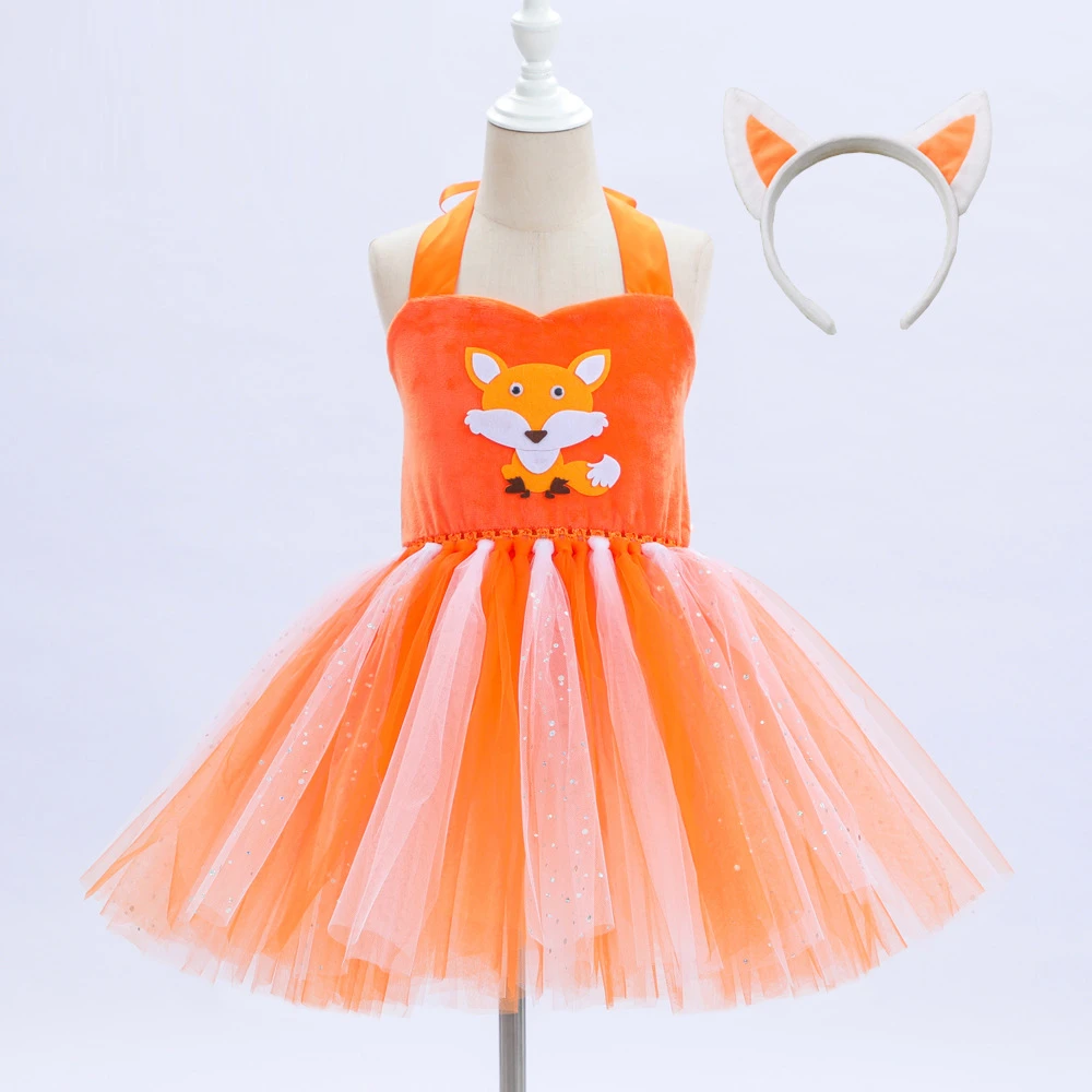 Stage Performance Girls Fox Cosplay Costume Halloween Fancy Kids Orange Animal Dress Up Tulle Fluffy Ballet Tutu Dress Fox Dolls