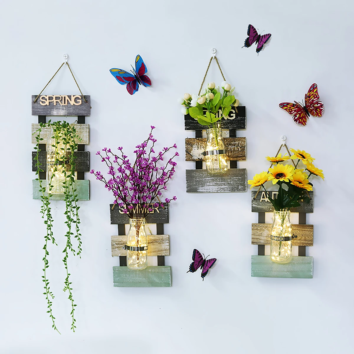

1pc Wooden Hanging Led Glass Bottle Terrarium For Plants Wall Decor Home Office Coffee Shop Ornament Retro Wall Pendant