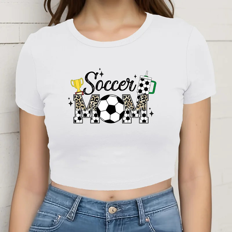 

Sport Soccer Mom Game Day Print Women Tops Crew Neck Summer Slim Fit Exposed Navel Crop Tops Street wear