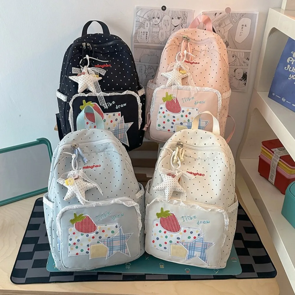 Compact nylon fabric with polka dots and strawberry lace trim backpack - sweet student schoolbag for girls, cute travel bag