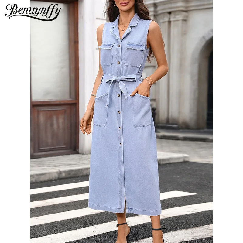 Benuynffy Notched Neck Sleeveless Belted Denim Dress Women Summer Single Breasted Patch Pocket Casual Streetwear Long Dresses
