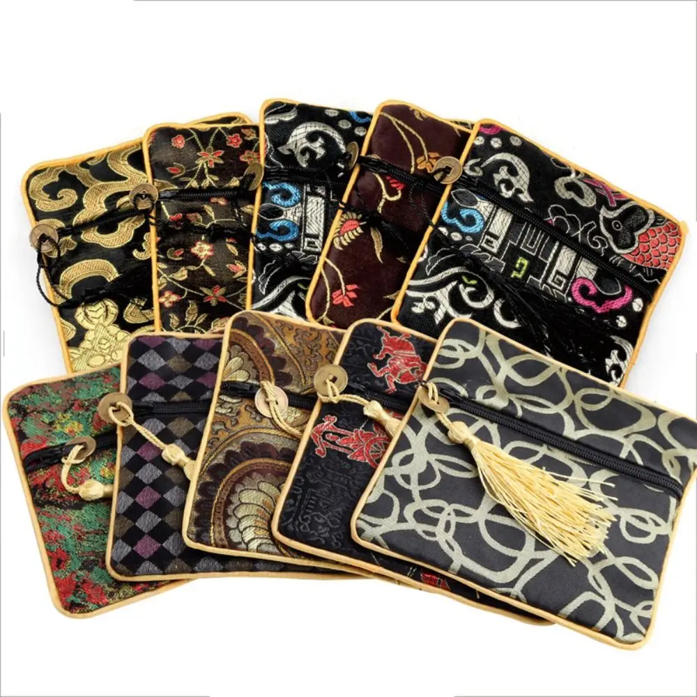 Tassel Mini Embroidery Canvas Coin Purse Copper Cash Pendant Square Flower Jewelry Packing Bag Card Holder Dragon
