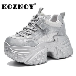 Koznoy 10cm 2024 Air Mesh Synthetic Genuine Leather Chunky Sneakers Women Comfy Vulcanize Spring Autumn Boots Mixed Color Shoes