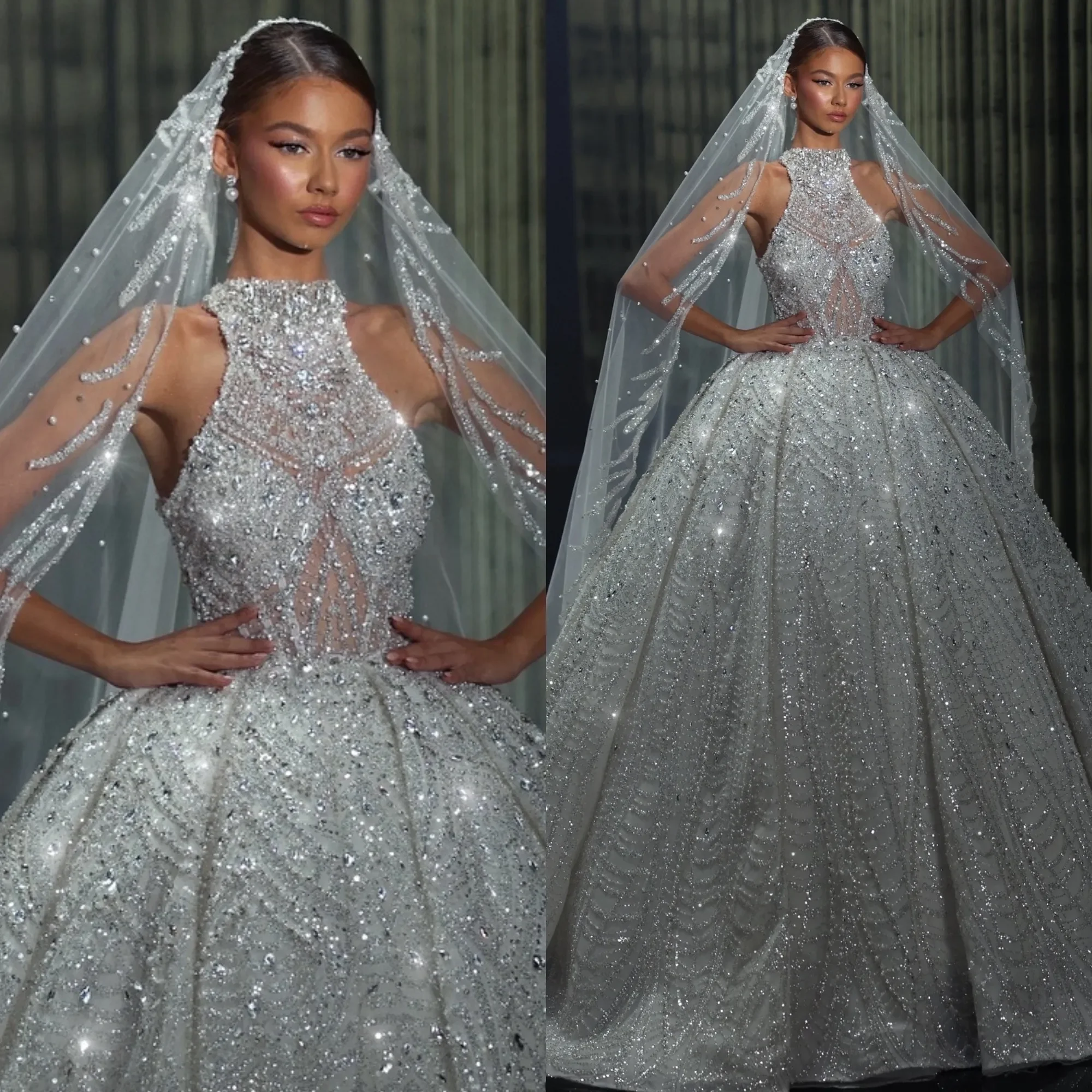 

Luxurious Beaded Wedding Dress Ball Gown Sparkly Sequined High Neck Bridal Dress Customized Sleeveless Crystal vestidos de novia