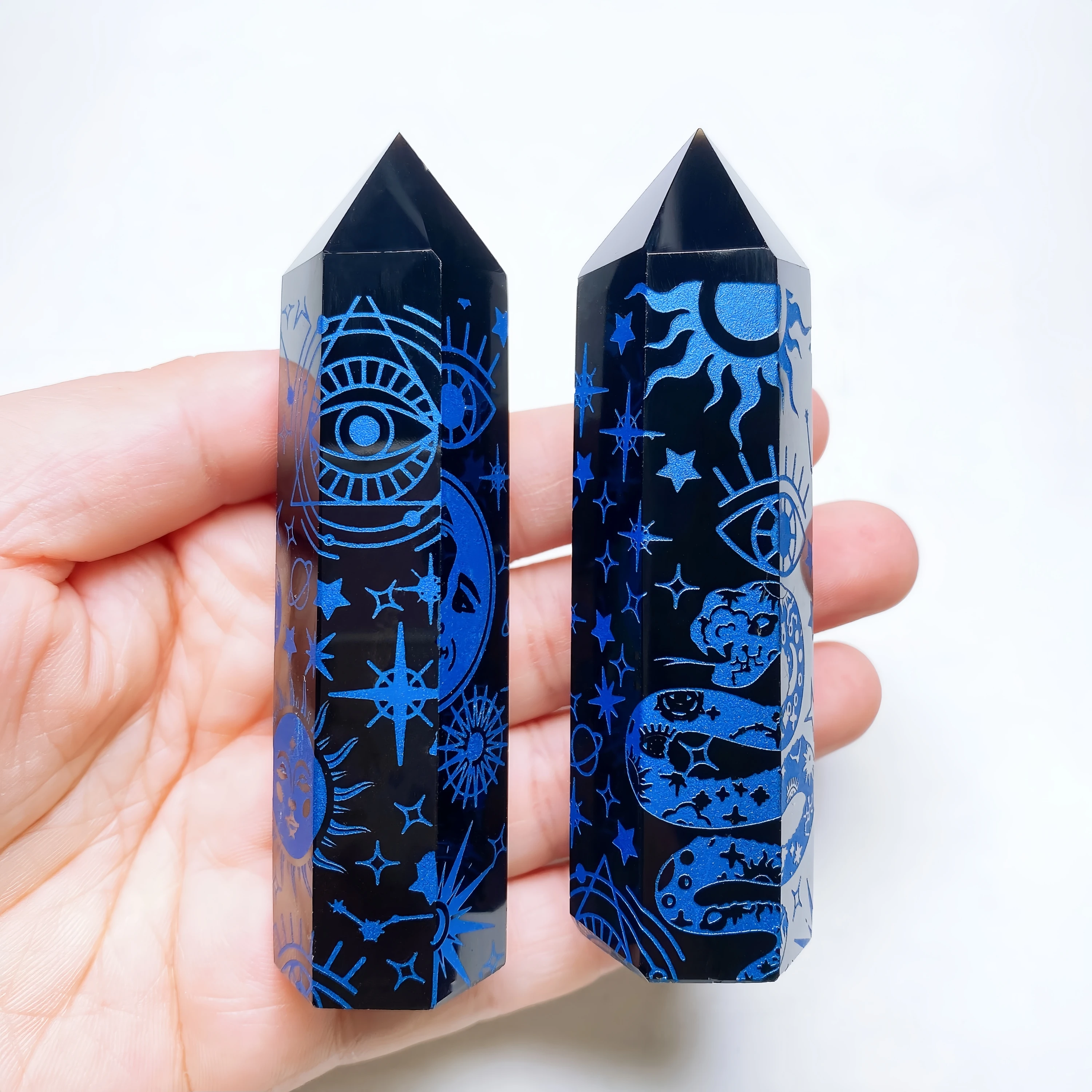 8-10cm Natural Black Obsidian Column Tower Crystal Stone Chakra Moon Snake Symbols Point Healing Obelisk Sticks Home Decor Gift