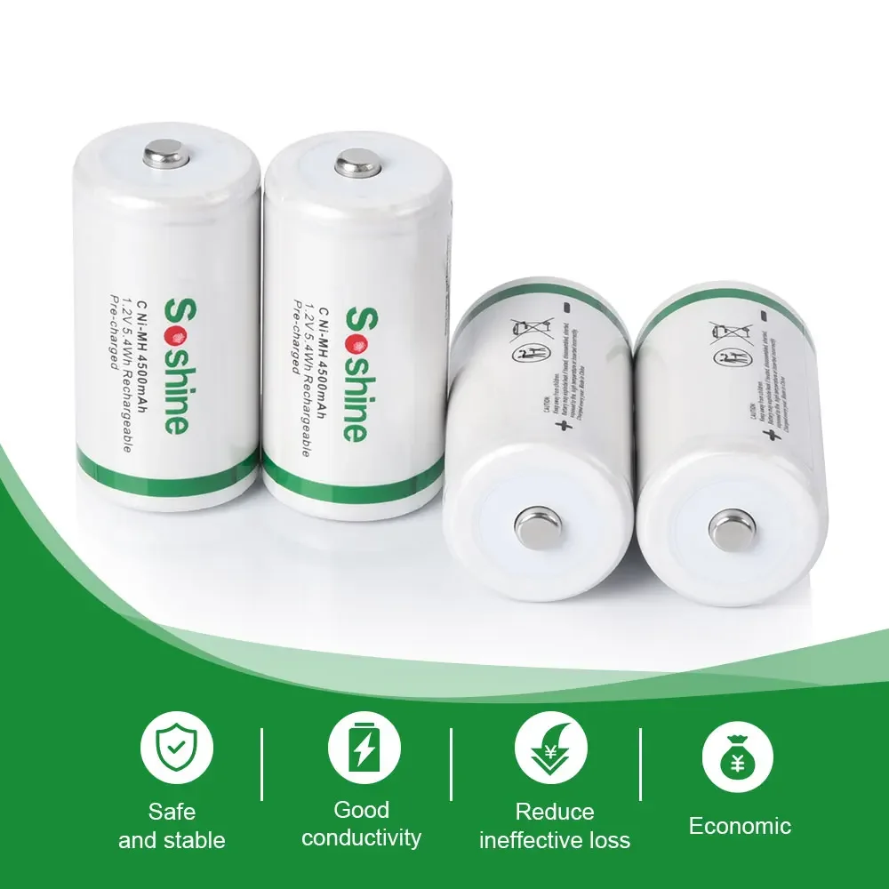 Soshine 1.2V C Size NiMH Rechargeable Batteries 4500mAh NiMH Supper Low Self Discharge Battery for Emergency Lights Gas Stove
