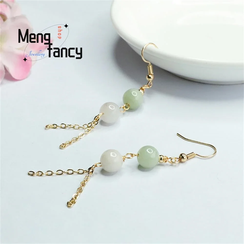 

Natural A-goods Jadeite Jade Double Beads Tassel Ear Hooks Earrings Exquisite Elegant Simple High-grade Luxury Fashion Jewelry