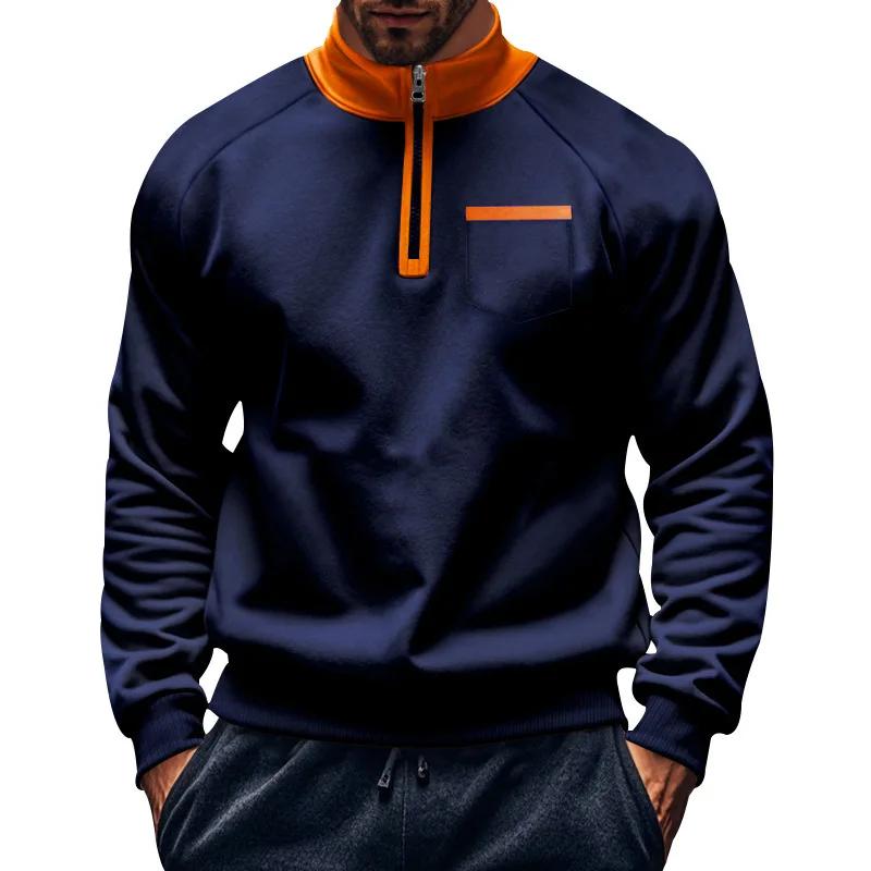 Men-Fleece-Lined-Half-Zip-Sweatshirt-Stand-Collar-Color-Block-Pocket-Pullover-Autumn-Winter-Loose-Casual-Warm-Long-Sleeve-Tops
