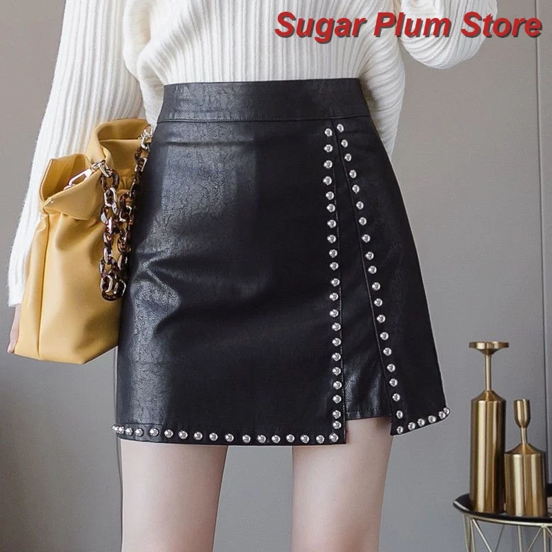American Retro Women's Early Autumn New Short A-shaped Rivet Split Color Matching Slim Abdomen Cool Fashion Casual Trend Skirt.