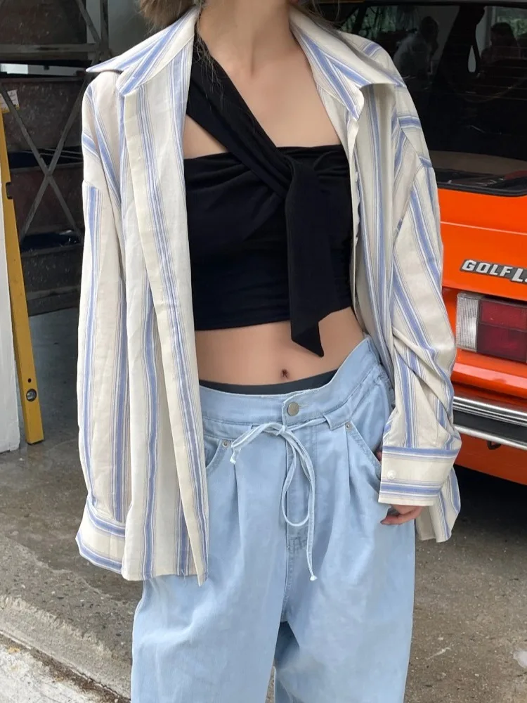 Chique vroege herfst vintage gestreept los lang Sve dames irt retro design gevoel bovenkleding faionable leeftijd-verdediging