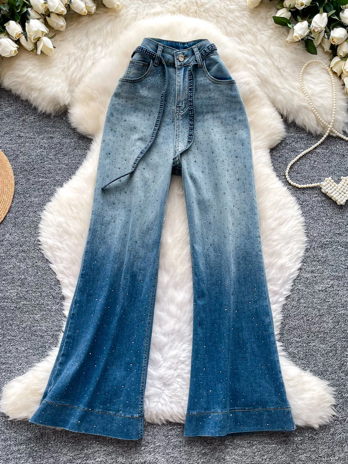 

Retro American Gradient Rhinestone Denim Flared Pants Women Loose Slim Wide Leg Long Trousers Spring New Style Casual High Wa...