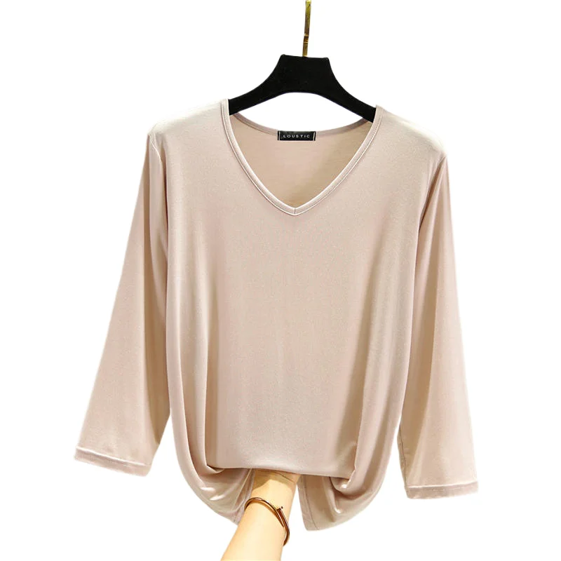 

Modal V-neck T-shirt Elegant 3/4 Sleeve Bottoming Shirt Women's 2024 New Spring Autumn Large Size Loose Versatile Solid Top
