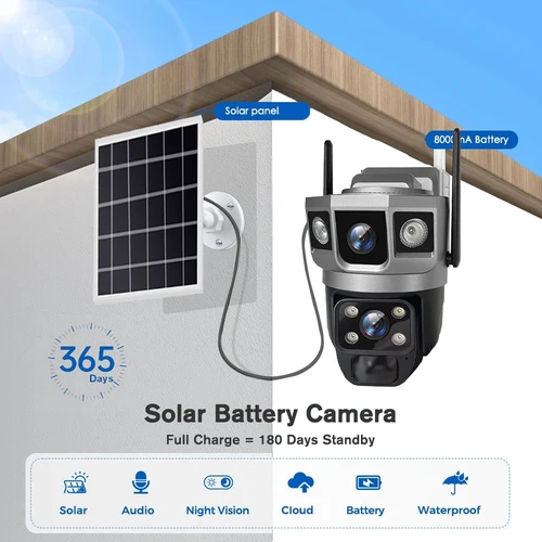 Imagen 2 del producto Cámara Solar WIFI de tres pantallas con doble lente, 12MP, Zoom 10X, CCTV, seguimiento automático para exteriores, detección humanoide, compatible con cámara PTZ IP66
