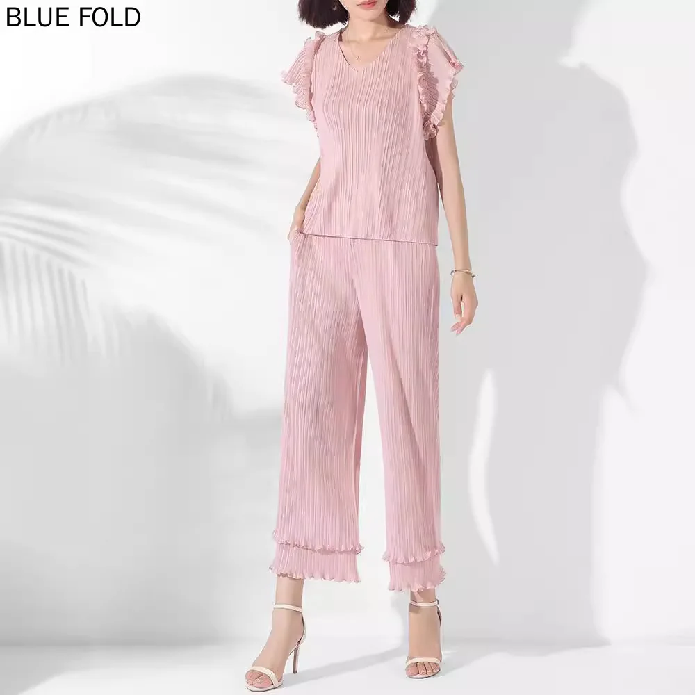 MIYAKE Summer New Fashion Casual Set for Women Elegant Ruffled V-neck Pullover Top and Stretch Straight Pants Two-piece Suit