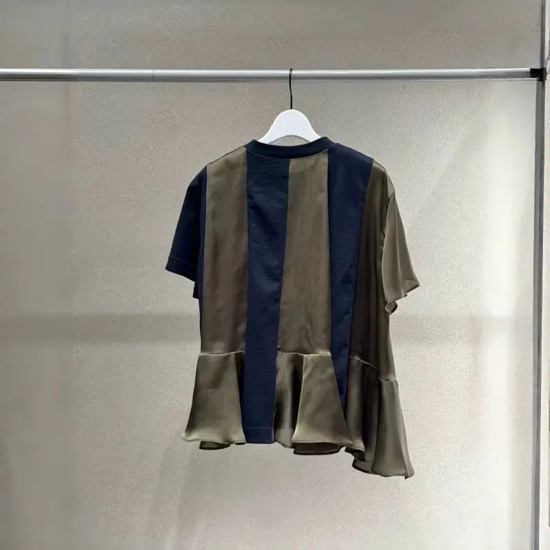 2026 Summer Japanese Fashion Women Pleated Patchwork Tees Loose Fit Short Sleeve Shirts Casual Daily Versatile Basic Tops