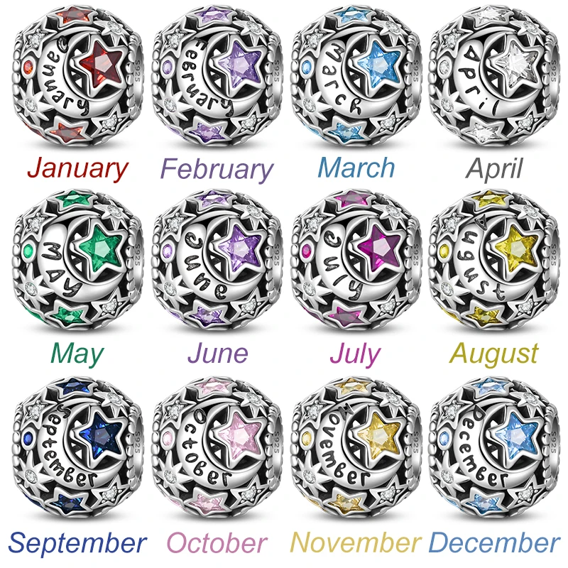 Genuine 925 Sterling Silver 12 Month Round Star Zircon Charms Bead Fit 925 Original Bracelets Fine DIY Birthday Gift Jewelry