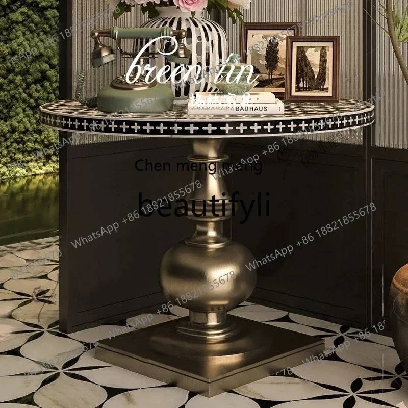 

retro solid wood round dining table/medieval household small apartment coffee table/French Roman column hand-painted table6220