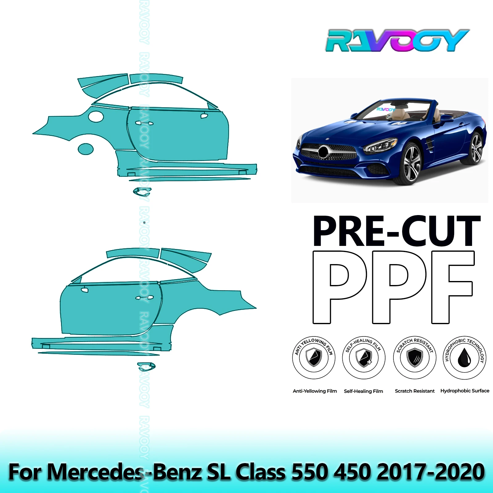 

For Mercedes-Benz SL Class 550 450 2017-2020 8.5mil Clear Matte Pre-Cut PPF Door & A/B Pillar Kit TPU Paint Protection Film Set
