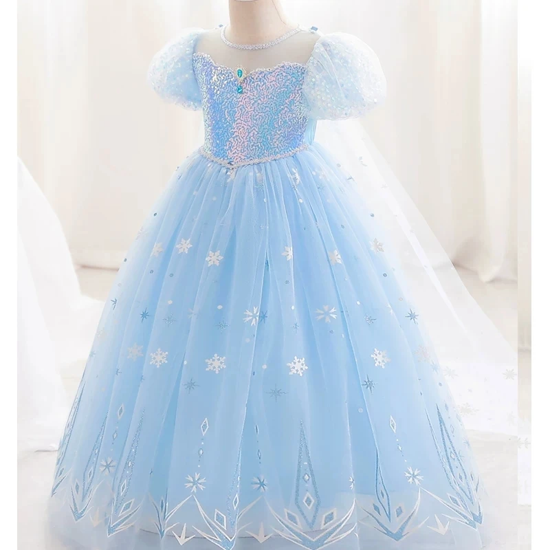Vestido de Princesa Elsa Frozen para Meninas 2026 Azul Claro com Manga Bufante e Estampa de Floco de Neve em Tule para Aniversário e Cosplay