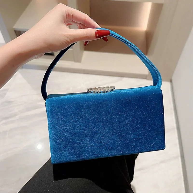 Autumn Winter New Handbags Retro Velvet Blue Black Evening Bag Clutch Handle Handbag For Women Dinner Party Rhinestone Clutches