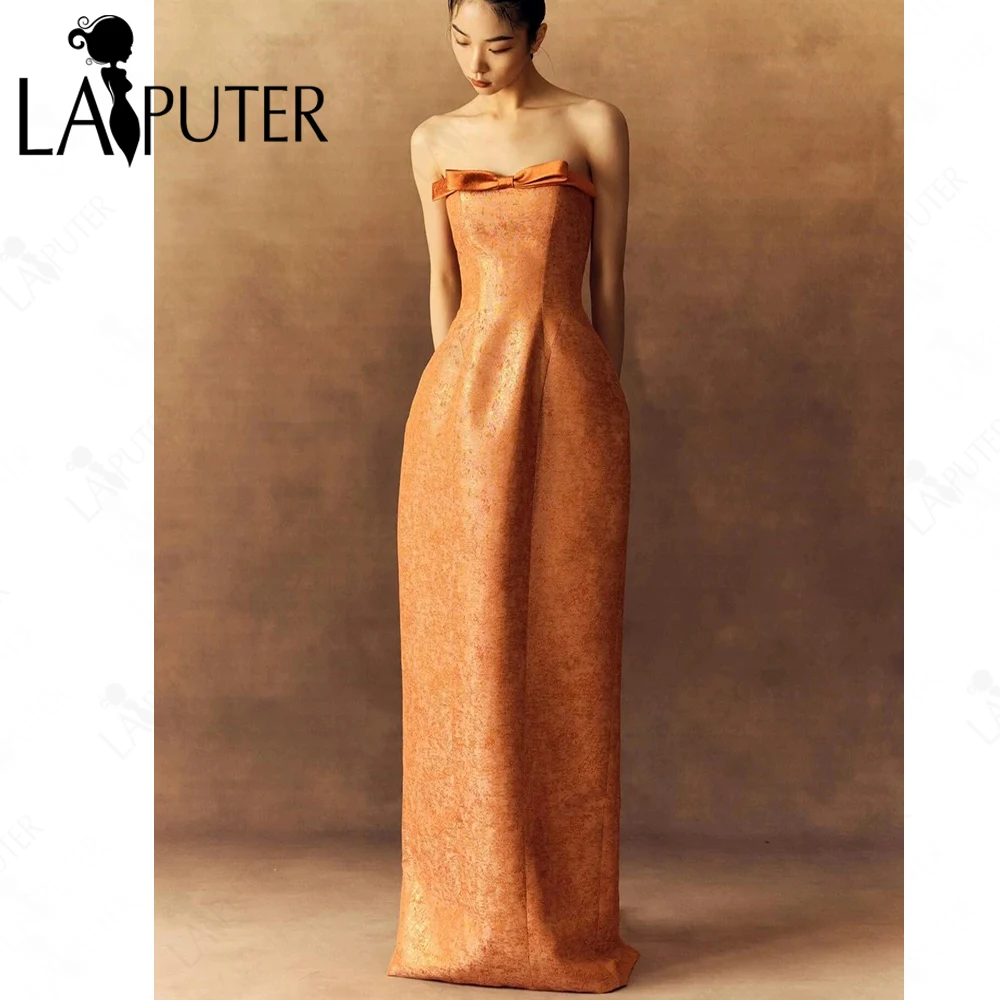 

Orange Column Prom Dresses Tiny Bow Neck Off Shoulder Strapless Evening Gown Jacquard Satin Girl Party Dress