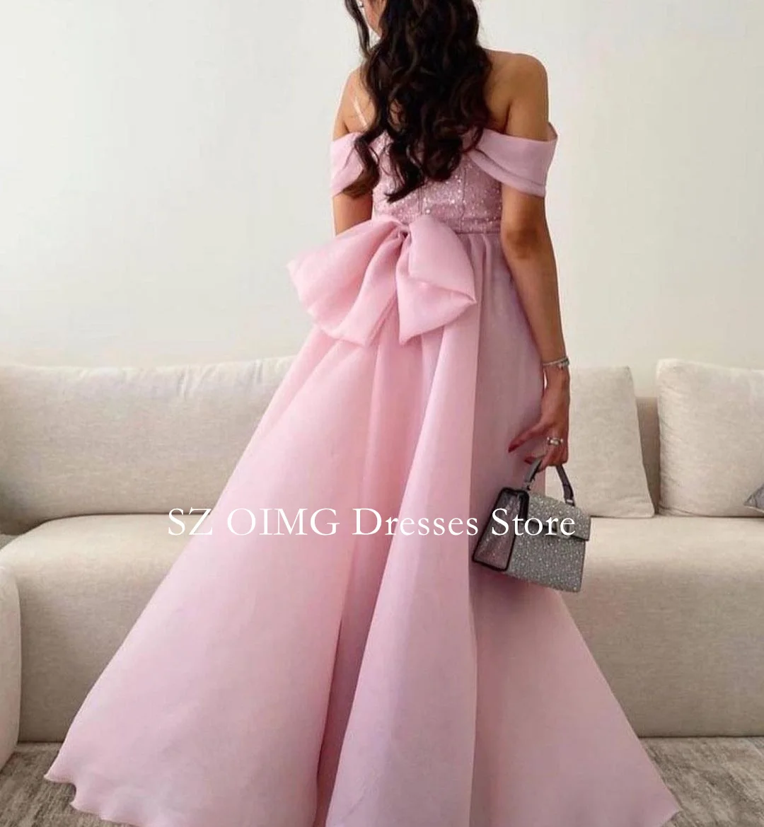 OIMG New Design Off-Shoulder Prom Dresses with BowSaudi Arabic Women Pink Sequined Satin Evening Gowns Formal Party Dress