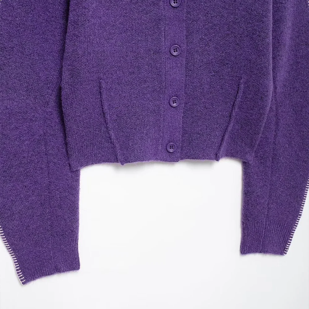 Vintage Sweet Purple Color Stand Collar Long Sleeves Single Breasted Short Women Easy Match Knit Jacket Coat ZATAF 2024 New