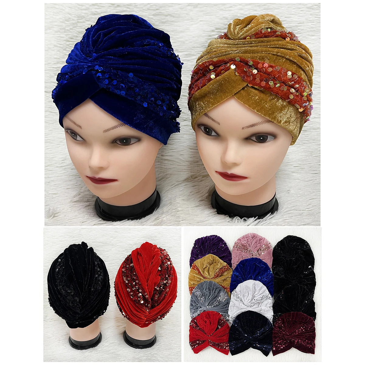 Wholesale 6/12 Elegant Sequined Turban Hat Women Cap Beaded For India Hat Scarfs Head Wrap Headband Girl Hair Accessories Lady