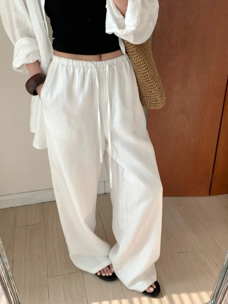 

Slack Linen Wide-leg Pants Summer Loose Versatile Drawstring Straight White Casual Trousers Korean Fashion