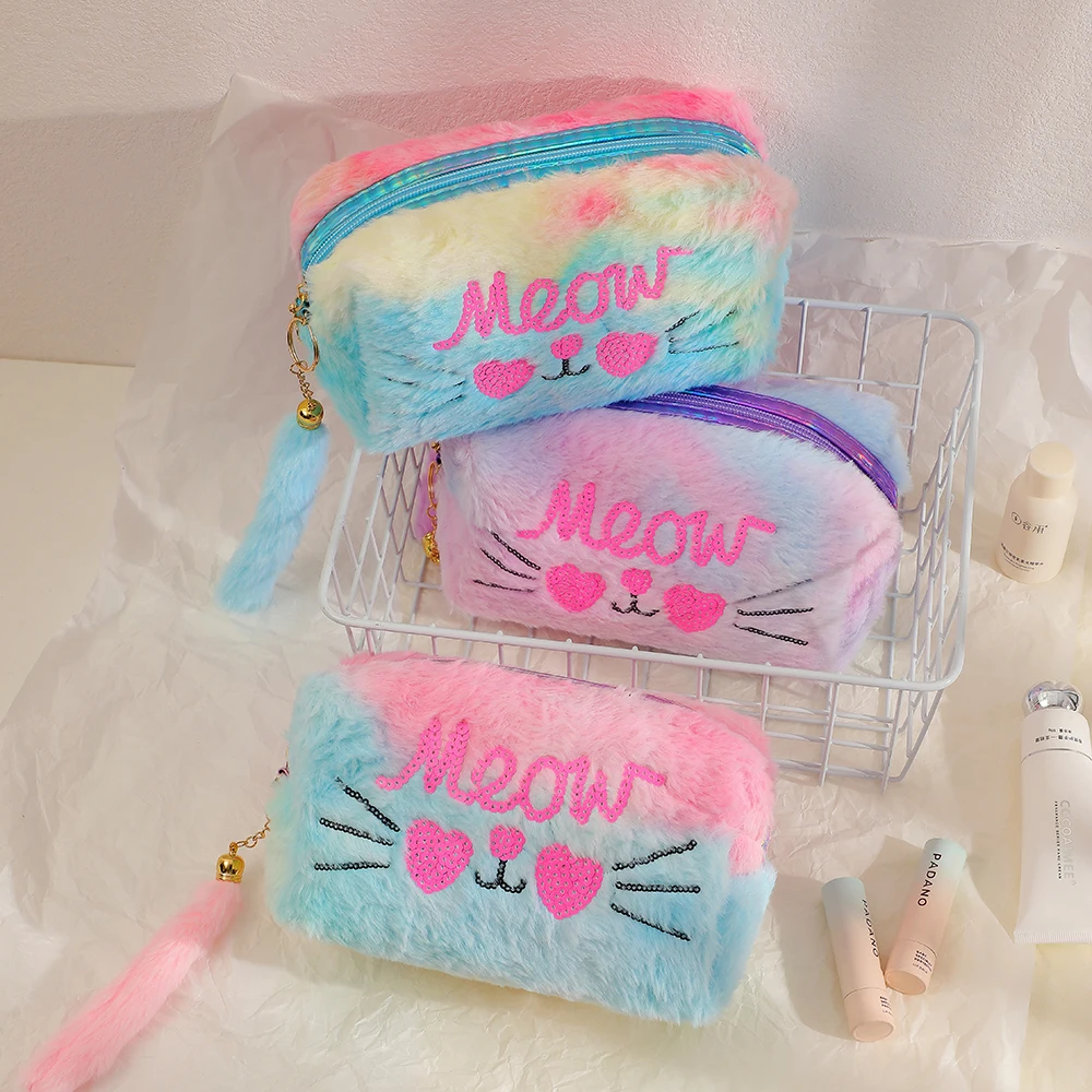 sweet sequins cat large makeup pouch soft rainbow furry travel organizer pouch girls small bag