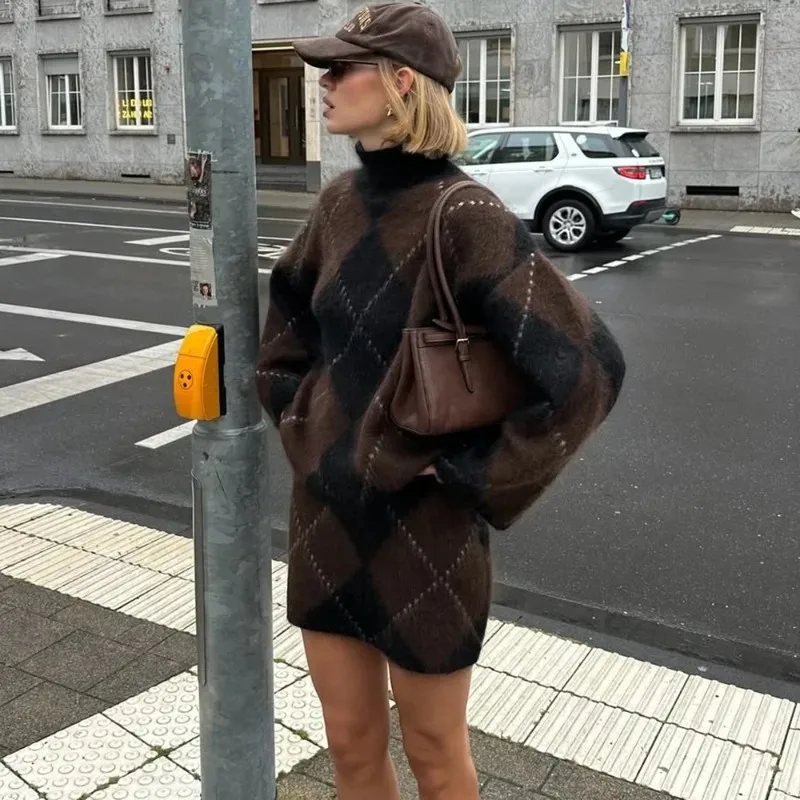Ticketsx Women Vintage Knit Sweater Fashion High Neck Striped Contrast Pullover Mini Knit Skirt Autumn Elegant Loose Pullovers