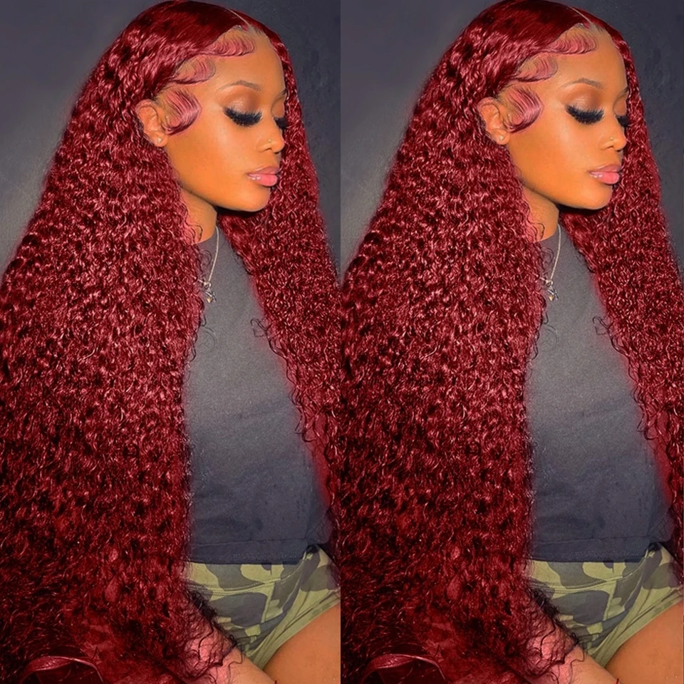 

13x6 Burgundy 250% Density Human Hair 40 lnch Deep Wave Curly Lace Frontal 13x4 Hd Brazilian Wig Colored 99j Red Lace Front Wigs