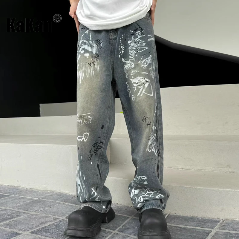 

Kakan - New Men's Graffiti Hand-painted Distressed Jeans, Y2k Men's Loose Wide Leg Straight Leg Long Jeans Jeans Jeans Man Brand