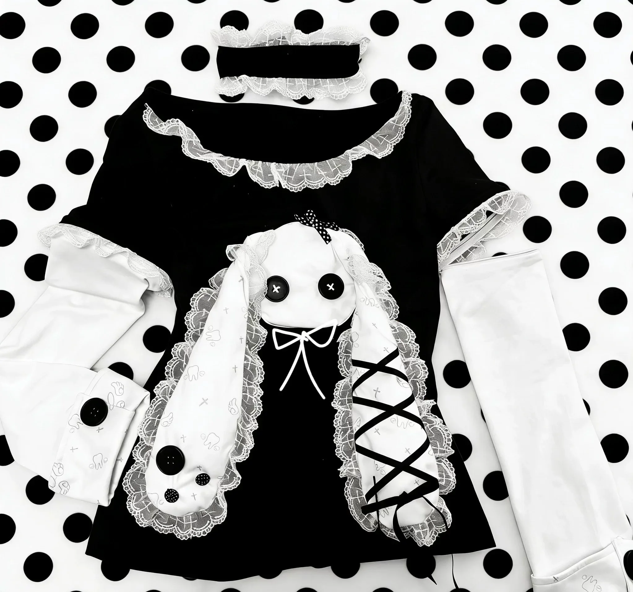 IMU Harajuku Striped Black White Japanese Lace Punk Tee Long Sleeve Bunny Patch Gothic Y2k Slim Sweet Spring Tshirt Dots Clothes