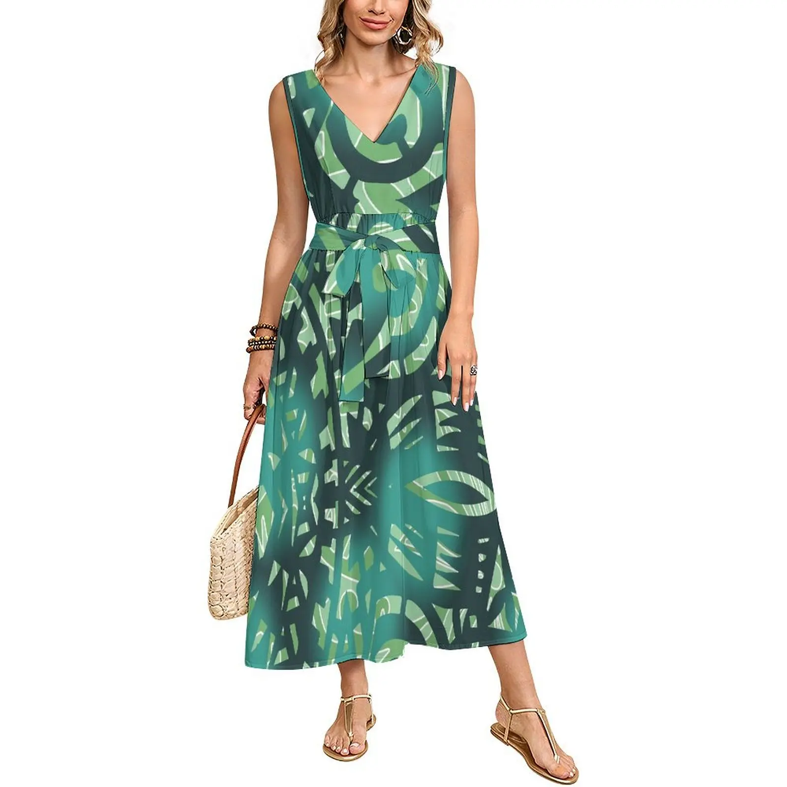 

Polynesian Custom-Made Summer V-Neck Sleeveless Tribal Design Retro Long Cinched-Waist Loose-Fitting Women'S Dress