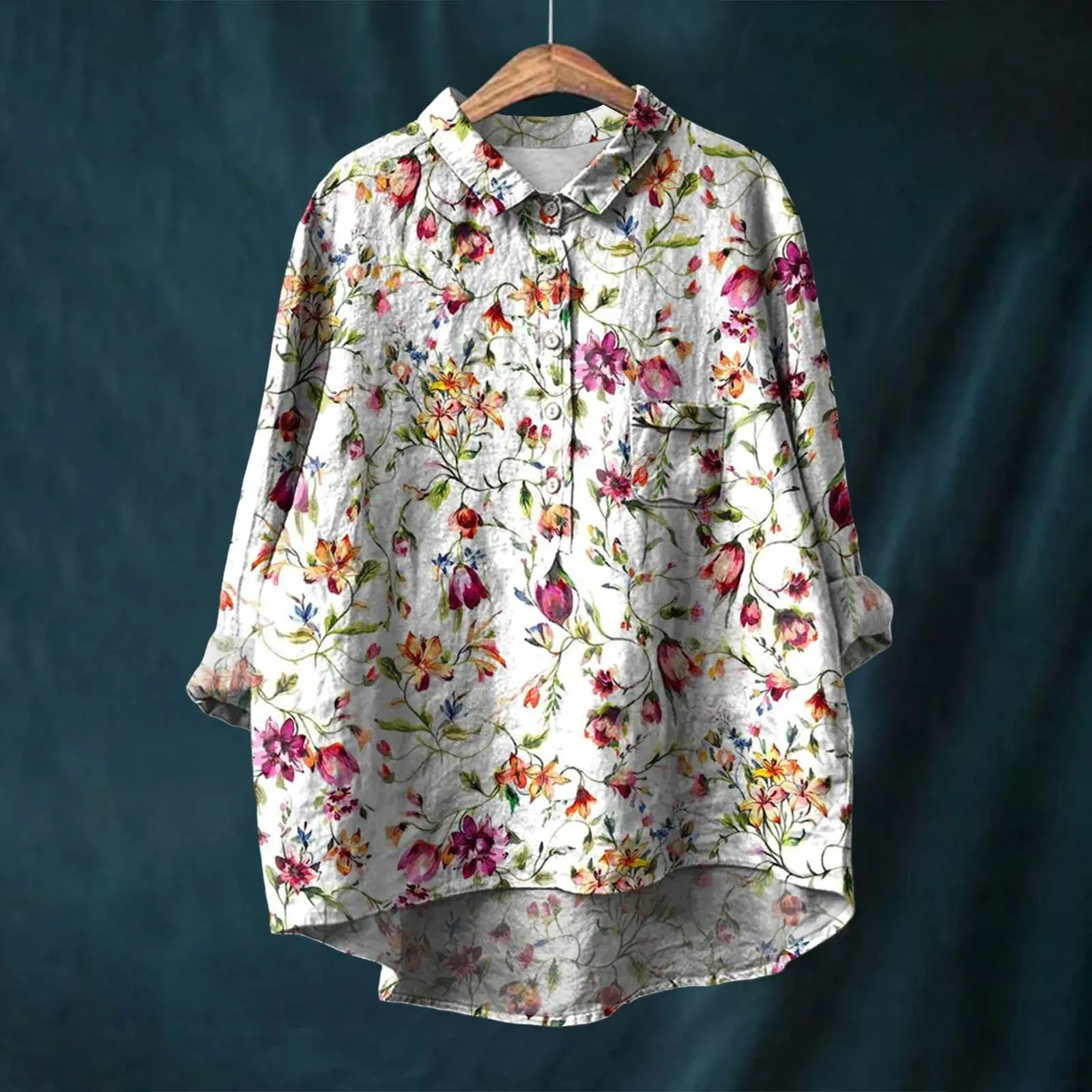 Flower Pattern Printed Women\'s Lapel Neck Casual Cotton And Linen Long Sleeve Shirt Fall for Women Exercise Clothes for Women