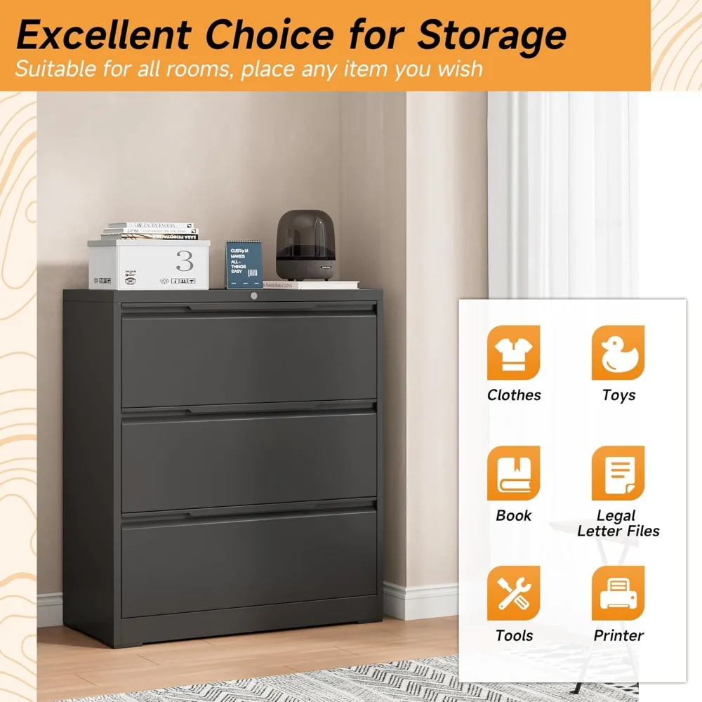 Secure 3-Drawer Metal Lateral File Cabinet for Home and Office, Lockable Steel Storage for Hanging Files, Wide Drawers for Lette