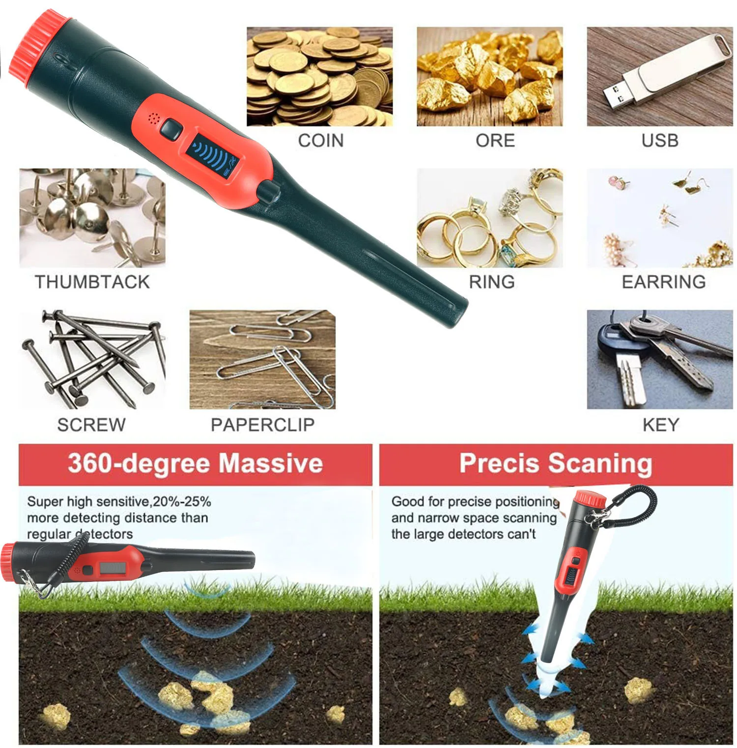 Detector de Metales Pinpoint LCD, buscador de metales Pinpointer de 360 °, resistente al agua hasta 40 pies bajo el agua