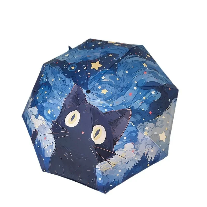 Popular Van Gogh Cute Cat Cartoon Folding Umbrella Sun Protection UV Protection Female Sunshade Umbrella Portable Umbrella